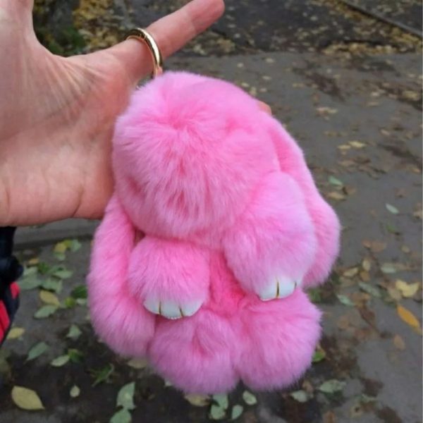 Móc khoá thỏ bông xù lông hồng phấn nhân tạo 18 cm